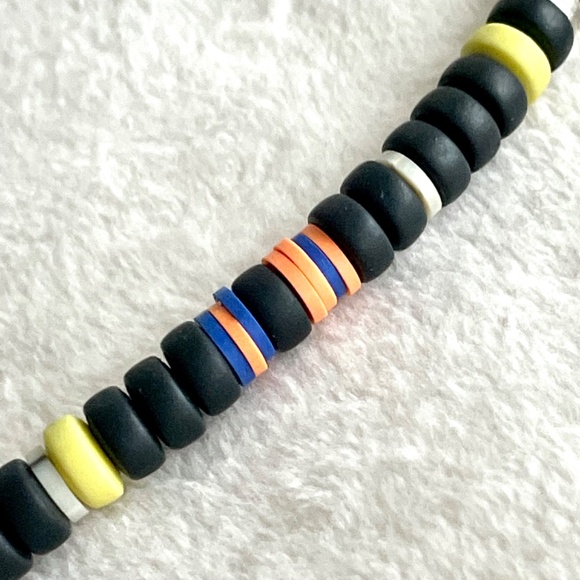 Beaded Necklace/w Black, White, Yellow, Orange, Blue, and Metal Beads - Picture 9 of 13